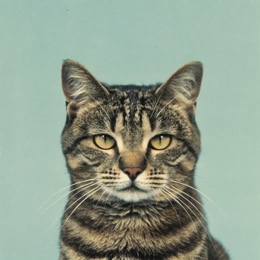 A cat photographed close and central on a soft pastel background
